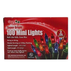 Good Tidings Flashing 100 Mini Color Lights Christmas Green Wire 27 Feet